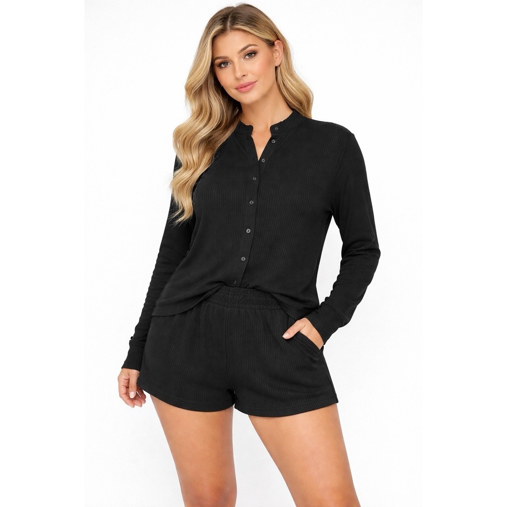 Fashion Nova Ribbed 2 Piece Lounge Set Black Henley Top Boxer Shorts Medium